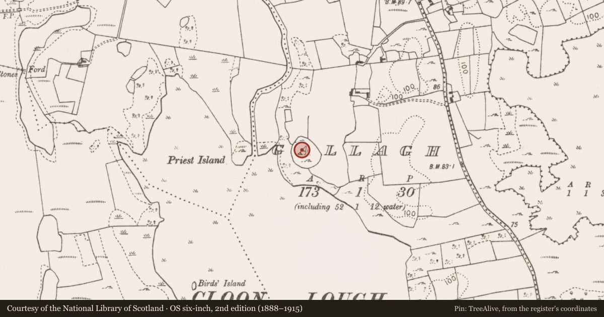 Ordnance Survey six-inch map, 2nd edition (1888–1915) covering the location of Building, Gallagh, County Mayo, with a pin at the register's coordinates