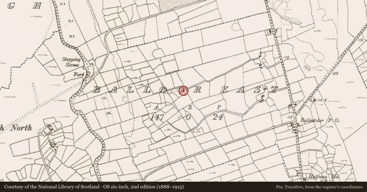 Ordnance Survey six-inch map, 2nd edition (1888–1915) covering the location of Enclosure, Balloor East, County Mayo, with a pin at the register's coordinates