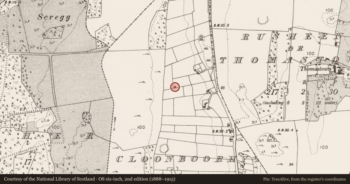 Ordnance Survey six-inch map, 2nd edition (1888–1915) covering the location of Enclosure, Cloonboorhy, County Mayo, with a pin at the register's coordinates
