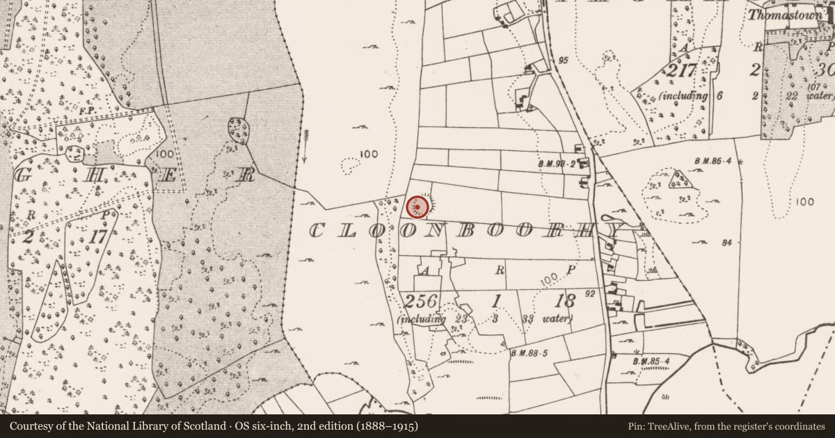 Ordnance Survey six-inch map, 2nd edition (1888–1915) covering the location of Souterrain, Cloonboorhy, County Mayo, with a pin at the register's coordinates
