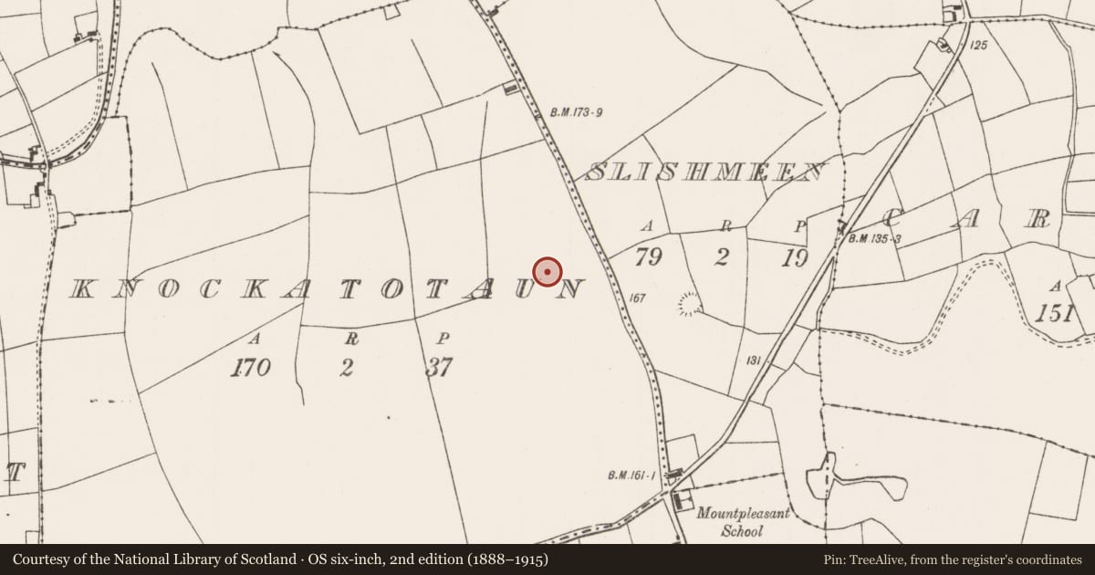 Ordnance Survey six-inch map, 2nd edition (1888–1915) covering the location of Ringfort - rath, Knockatotaun, County Mayo, with a pin at the register's coordinates