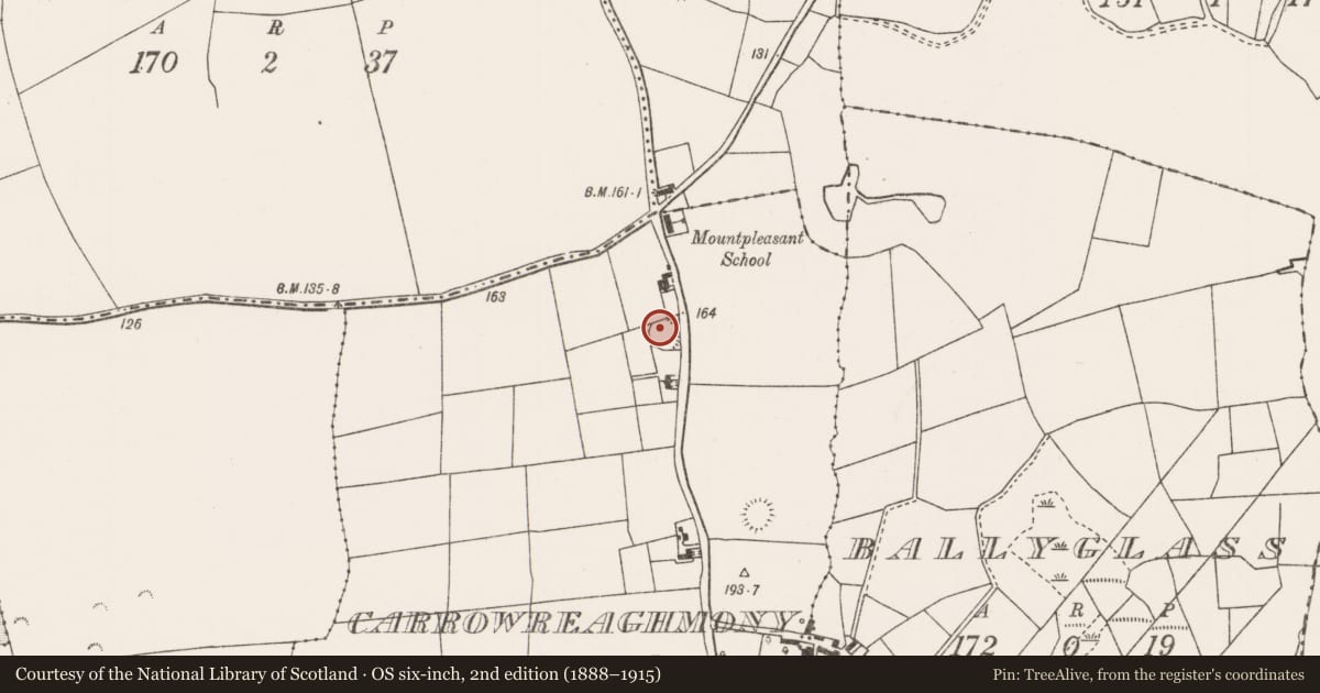 Ordnance Survey six-inch map, 2nd edition (1888–1915) covering the location of Enclosure, Carrowreaghmony, County Mayo, with a pin at the register's coordinates