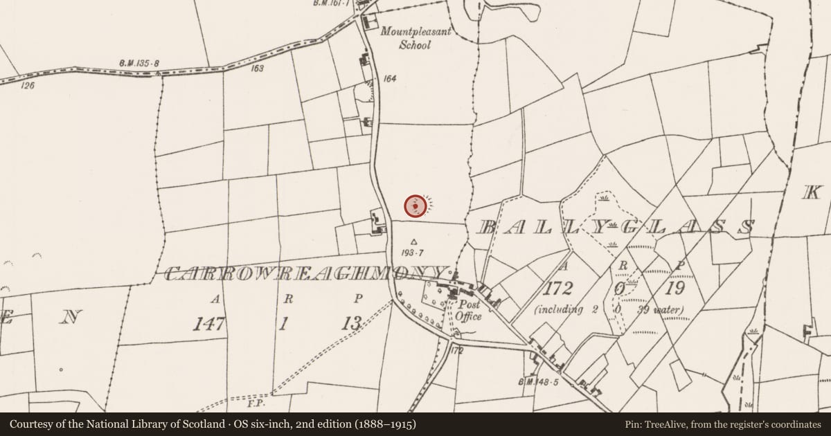 Ordnance Survey six-inch map, 2nd edition (1888–1915) covering the location of Souterrain, Carrowreaghmony, County Mayo, with a pin at the register's coordinates