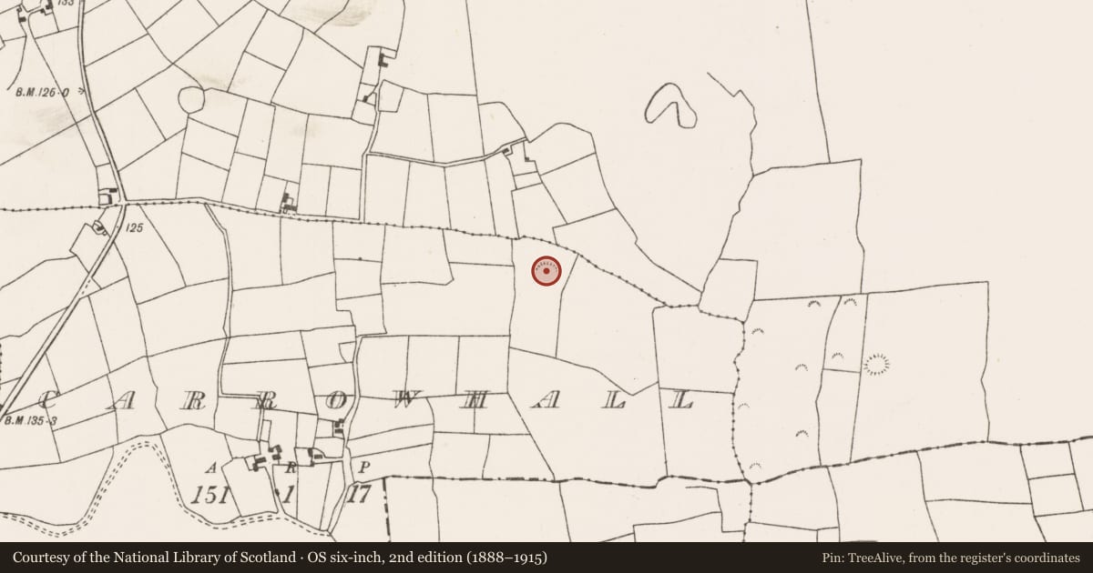 Ordnance Survey six-inch map, 2nd edition (1888–1915) covering the location of Enclosure, Carrowhall, County Mayo, with a pin at the register's coordinates