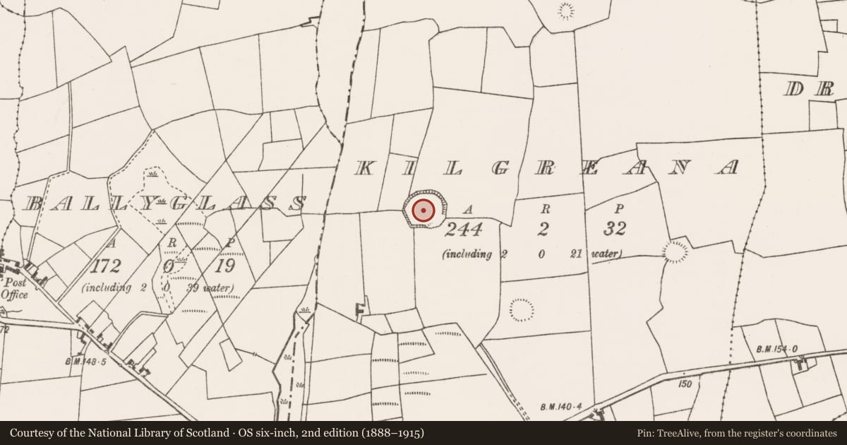 Ordnance Survey six-inch map, 2nd edition (1888–1915) covering the location of Church, Kilgreana, County Mayo, with a pin at the register's coordinates