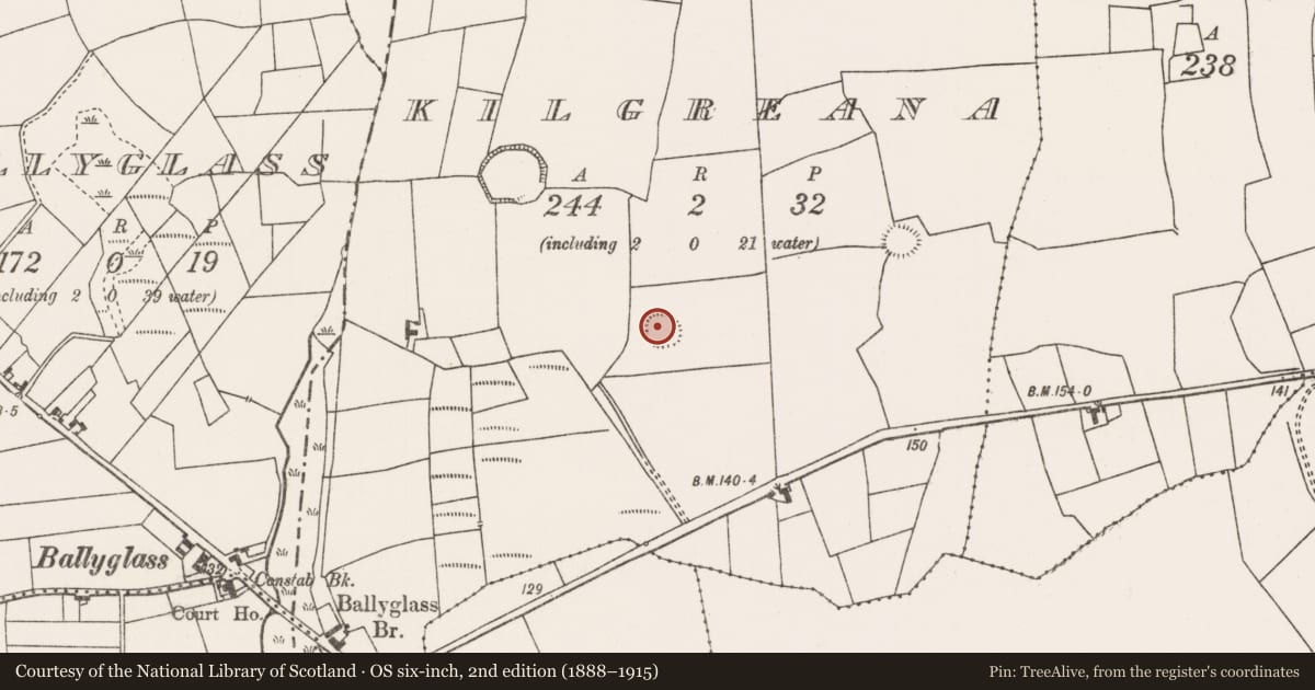 Ordnance Survey six-inch map, 2nd edition (1888–1915) covering the location of Ringfort - rath, Kilgreana, County Mayo, with a pin at the register's coordinates