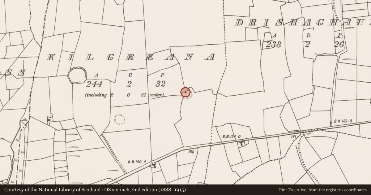 Ordnance Survey six-inch map, 2nd edition (1888–1915) covering the location of Ringfort - rath, Kilgreana, County Mayo, with a pin at the register's coordinates