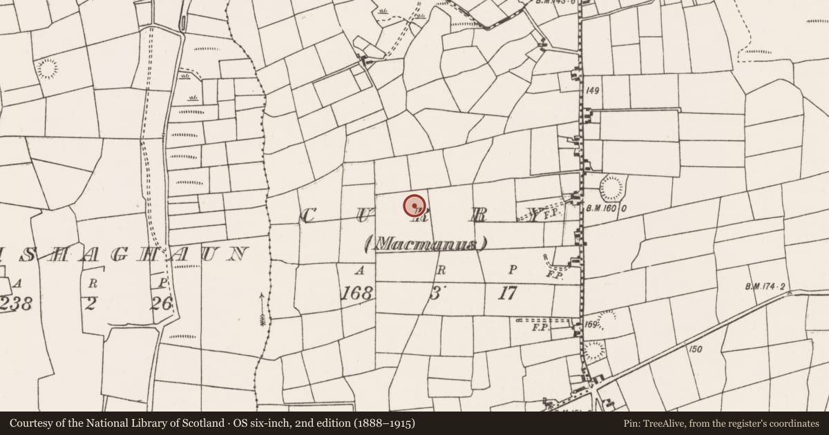 Ordnance Survey six-inch map, 2nd edition (1888–1915) covering the location of Barrow - unclassified, Curry (MACMANUS), County Mayo, with a pin at the register's coordinates