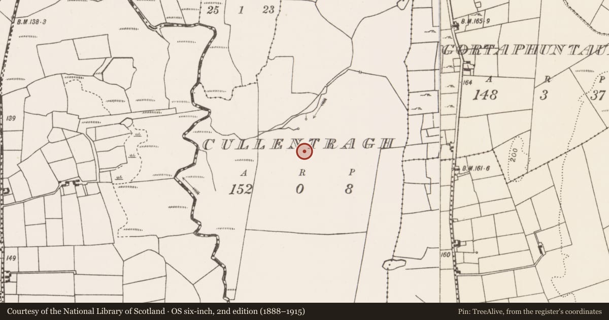 Ordnance Survey six-inch map, 2nd edition (1888–1915) covering the location of Ecclesiastical enclosure, Cullentragh, County Mayo, with a pin at the register's coordinates