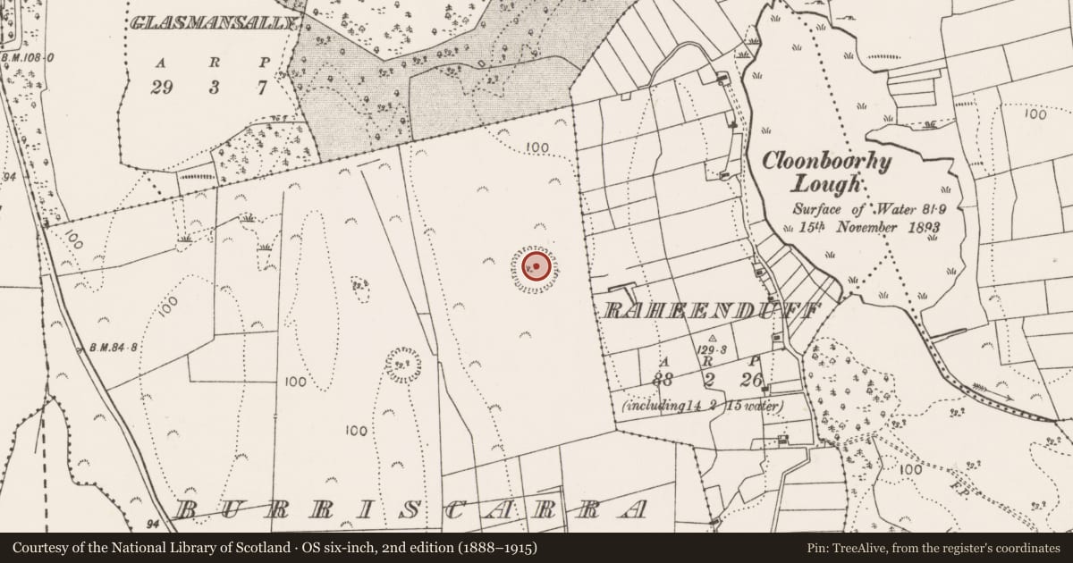 Ordnance Survey six-inch map, 2nd edition (1888–1915) covering the location of Ringfort - rath, Burriscarra, County Mayo, with a pin at the register's coordinates
