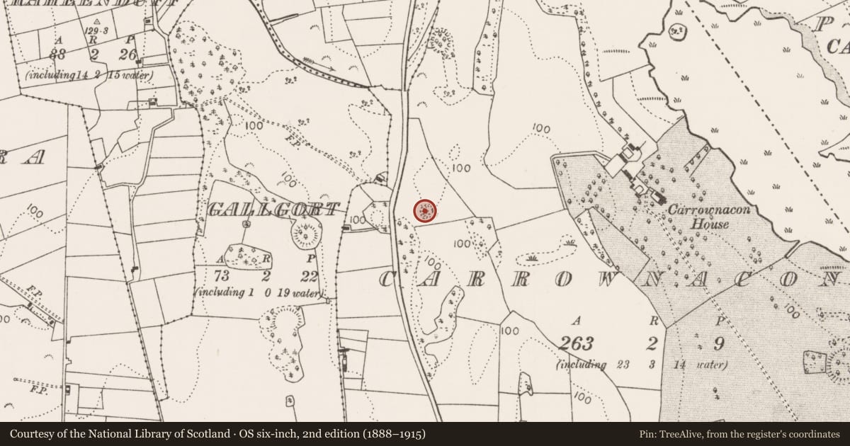 Ordnance Survey six-inch map, 2nd edition (1888–1915) covering the location of Enclosure, Carrownacon, County Mayo, with a pin at the register's coordinates