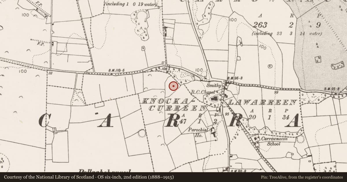 Ordnance Survey six-inch map, 2nd edition (1888–1915) covering the location of Enclosure, Knockacurreen, County Mayo, with a pin at the register's coordinates