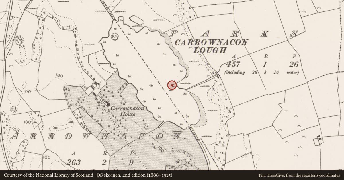 Ordnance Survey six-inch map, 2nd edition (1888–1915) covering the location of Crannog, Parks, County Mayo, with a pin at the register's coordinates