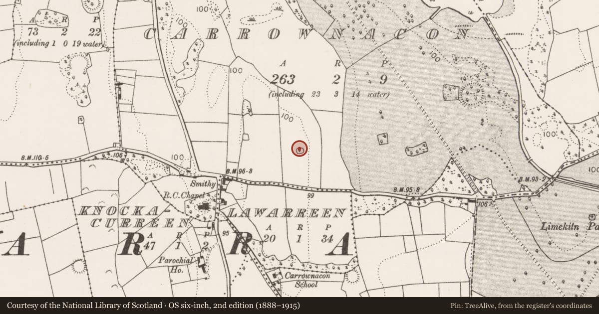 Ordnance Survey six-inch map, 2nd edition (1888–1915) covering the location of Barrow - ring-barrow, Carrownacon, County Mayo, with a pin at the register's coordinates