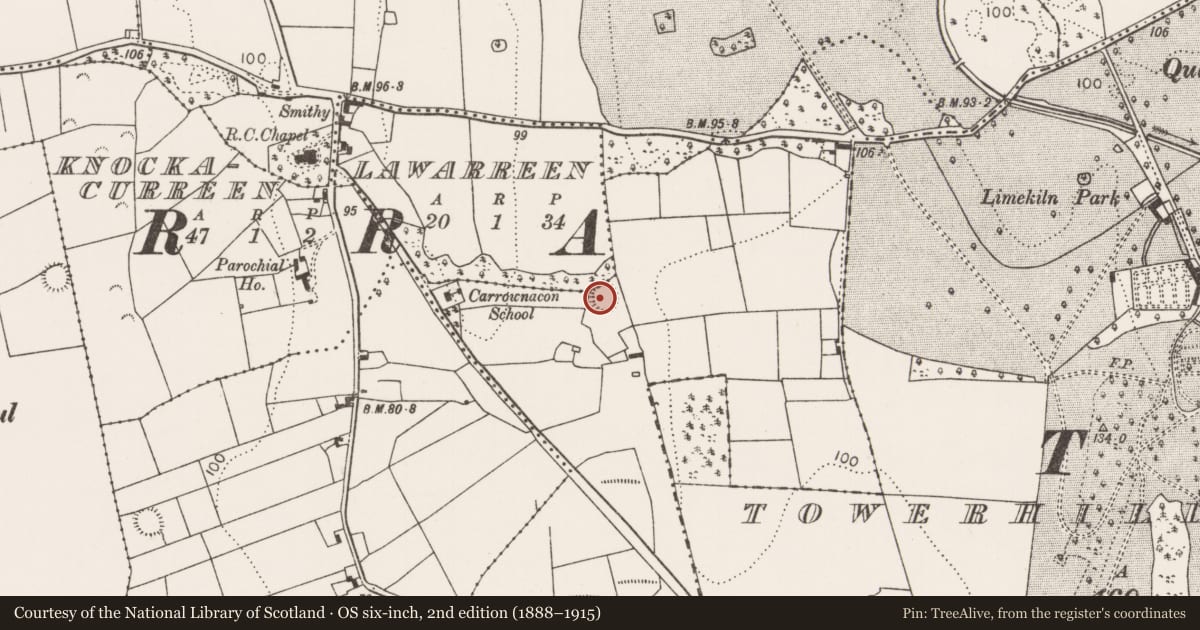 Ordnance Survey six-inch map, 2nd edition (1888–1915) covering the location of Ringfort - rath, Carrownagreggaun, County Mayo, with a pin at the register's coordinates