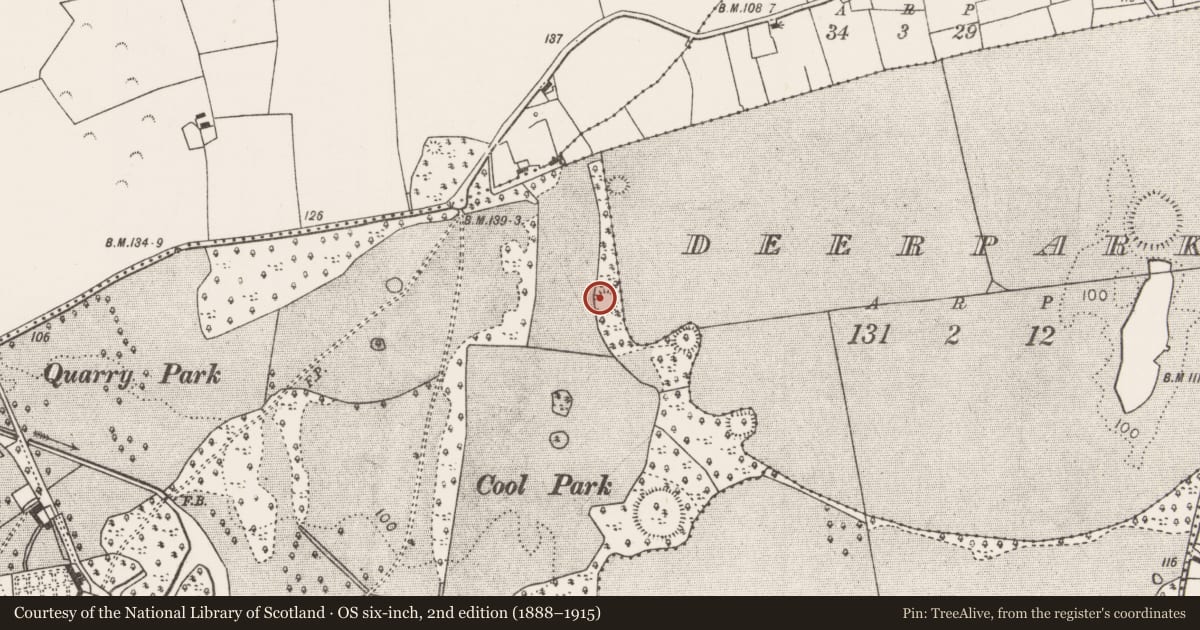 Ordnance Survey six-inch map, 2nd edition (1888–1915) covering the location of Enclosure, Towerhill Demesne, County Mayo, with a pin at the register's coordinates
