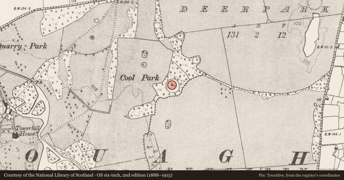 Ordnance Survey six-inch map, 2nd edition (1888–1915) covering the location of Enclosure, Towerhill Demesne, County Mayo, with a pin at the register's coordinates