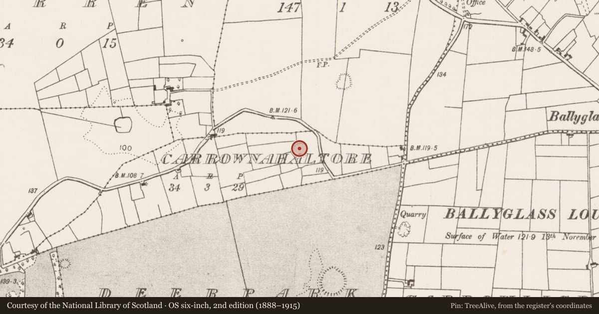 Ordnance Survey six-inch map, 2nd edition (1888–1915) covering the location of Ringfort - rath, Carrownahaltore, County Mayo, with a pin at the register's coordinates