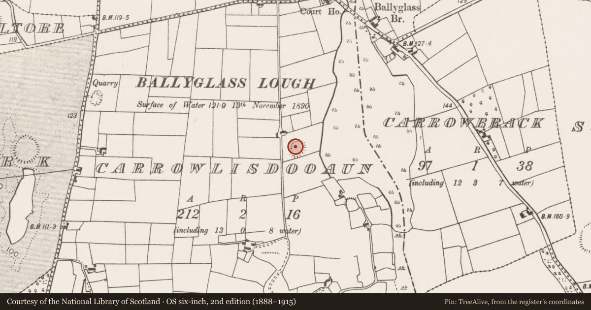 Ordnance Survey six-inch map, 2nd edition (1888–1915) covering the location of Ringfort - rath, Carrowlisdooaun, County Mayo, with a pin at the register's coordinates