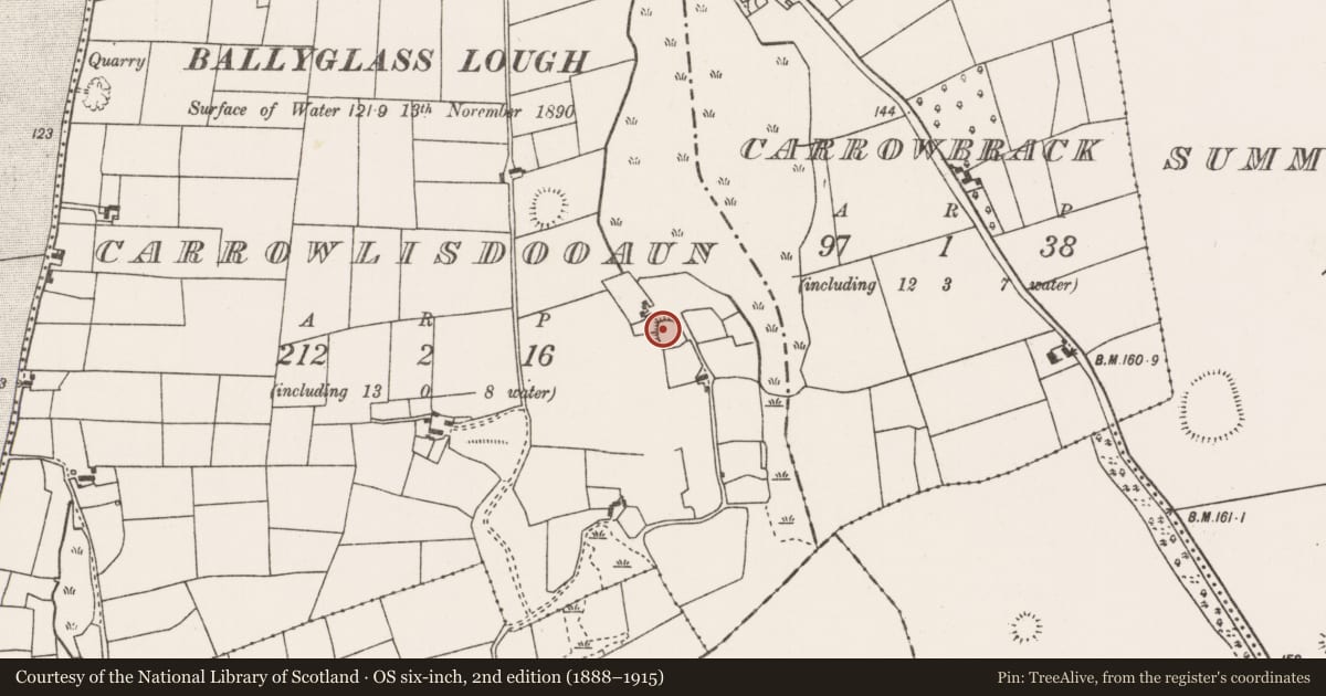 Ordnance Survey six-inch map, 2nd edition (1888–1915) covering the location of Ringfort - rath, Carrowlisdooaun, County Mayo, with a pin at the register's coordinates