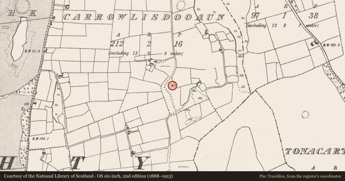 Ordnance Survey six-inch map, 2nd edition (1888–1915) covering the location of Burial, Carrowlisdooaun, County Mayo, with a pin at the register's coordinates