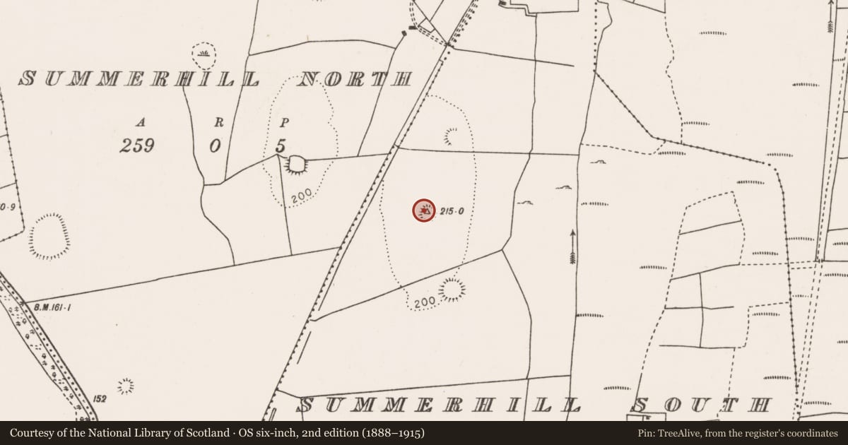 Ordnance Survey six-inch map, 2nd edition (1888–1915) covering the location of Enclosure, Summerhill South, County Mayo, with a pin at the register's coordinates
