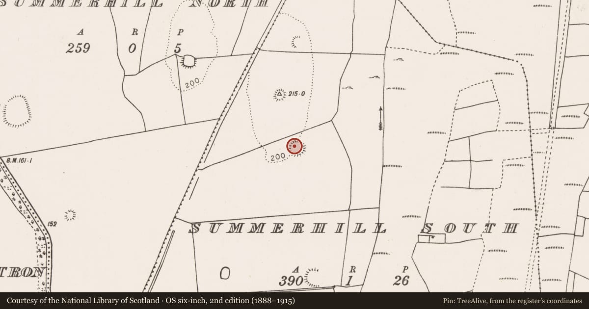 Ordnance Survey six-inch map, 2nd edition (1888–1915) covering the location of Enclosure, Summerhill South, County Mayo, with a pin at the register's coordinates