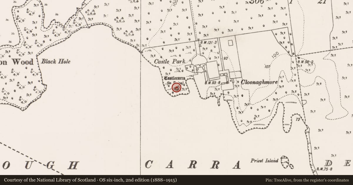 Ordnance Survey six-inch map, 2nd edition (1888–1915) covering the location of Castle - unclassified, Castlecarra, County Mayo, with a pin at the register's coordinates