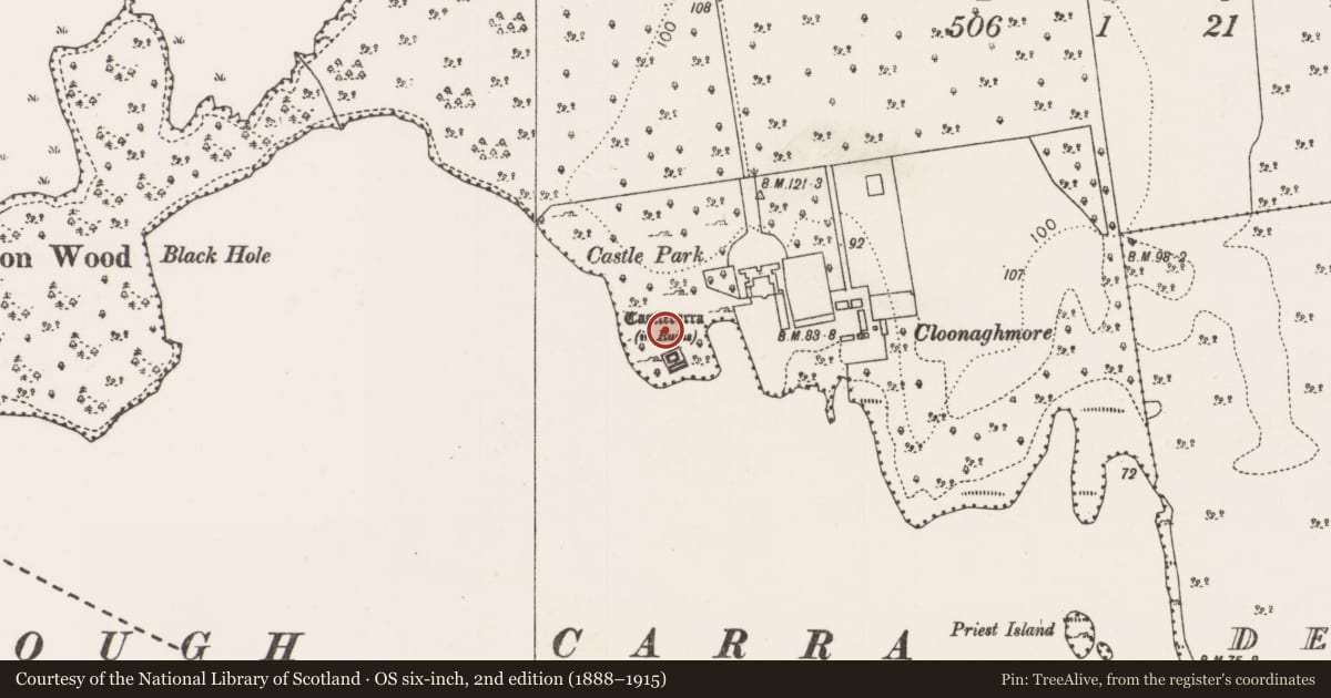 Ordnance Survey six-inch map, 2nd edition (1888–1915) covering the location of Earthwork, Castlecarra, County Mayo, with a pin at the register's coordinates