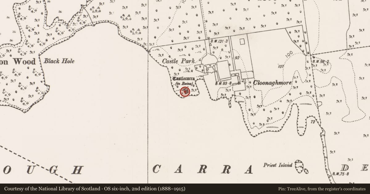 Ordnance Survey six-inch map, 2nd edition (1888–1915) covering the location of Building, Castlecarra, County Mayo, with a pin at the register's coordinates