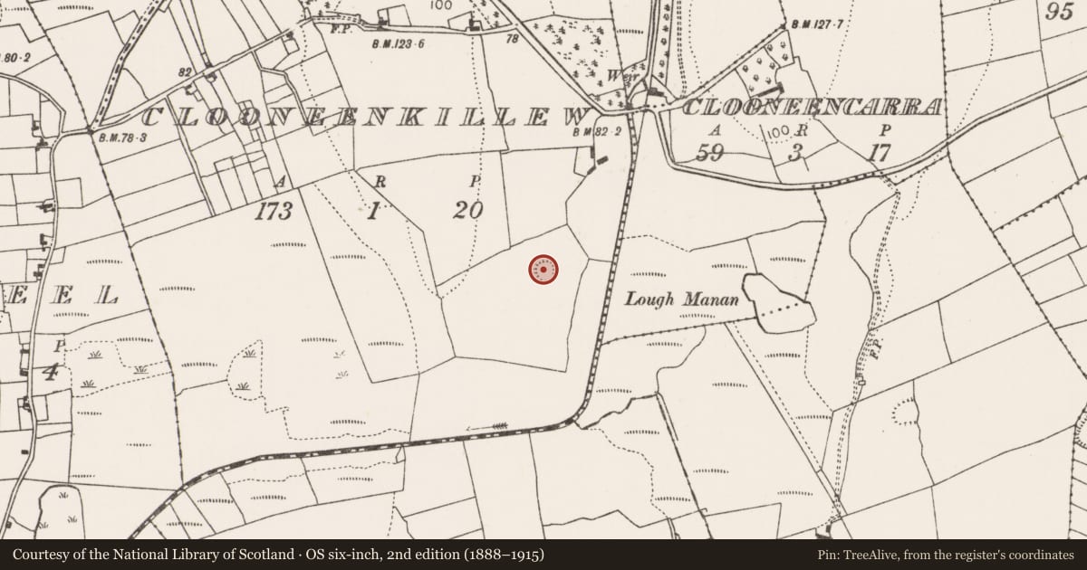 Ordnance Survey six-inch map, 2nd edition (1888–1915) covering the location of Ringfort - rath, Clooneenkillew, County Mayo, with a pin at the register's coordinates
