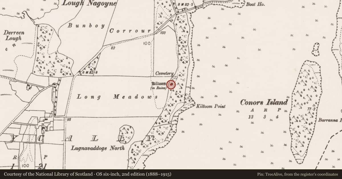 Ordnance Survey six-inch map, 2nd edition (1888–1915) covering the location of Church, Ballycally, County Mayo, with a pin at the register's coordinates