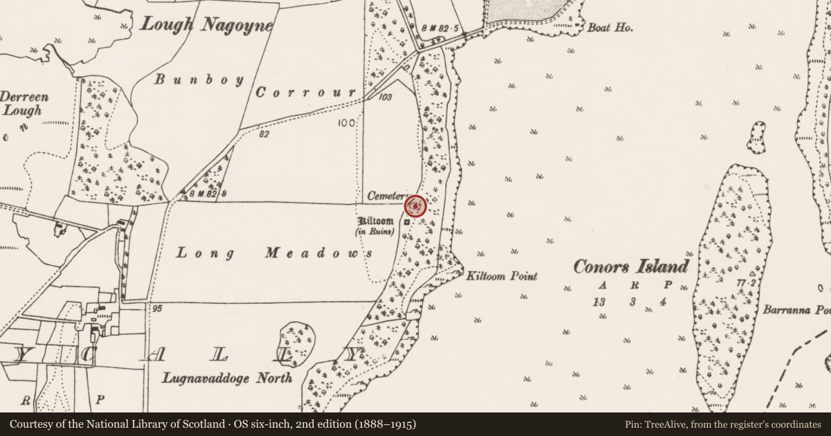 Ordnance Survey six-inch map, 2nd edition (1888–1915) covering the location of Graveyard, Ballycally, County Mayo, with a pin at the register's coordinates