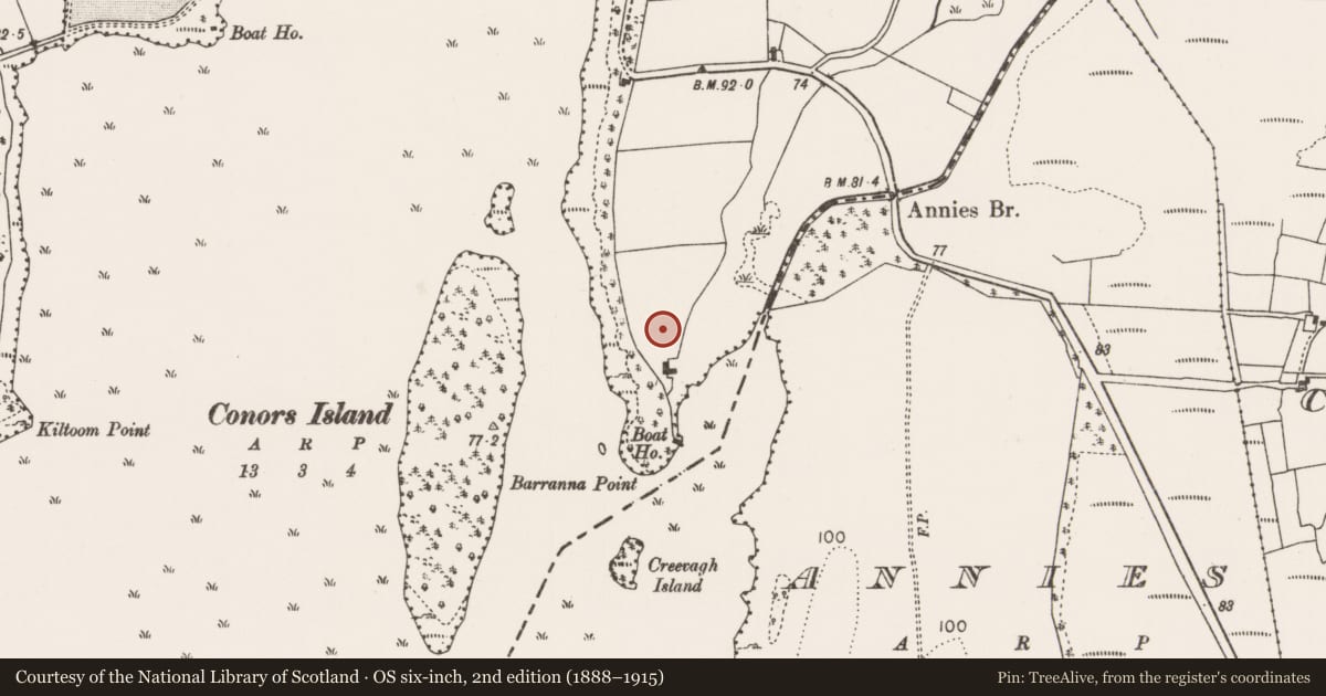 Ordnance Survey six-inch map, 2nd edition (1888–1915) covering the location of Enclosure, Rinaneel, County Mayo, with a pin at the register's coordinates