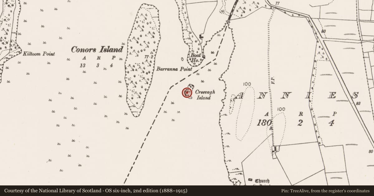 Ordnance Survey six-inch map, 2nd edition (1888–1915) covering the location of Crannog, Lough Carra, County Mayo, with a pin at the register's coordinates