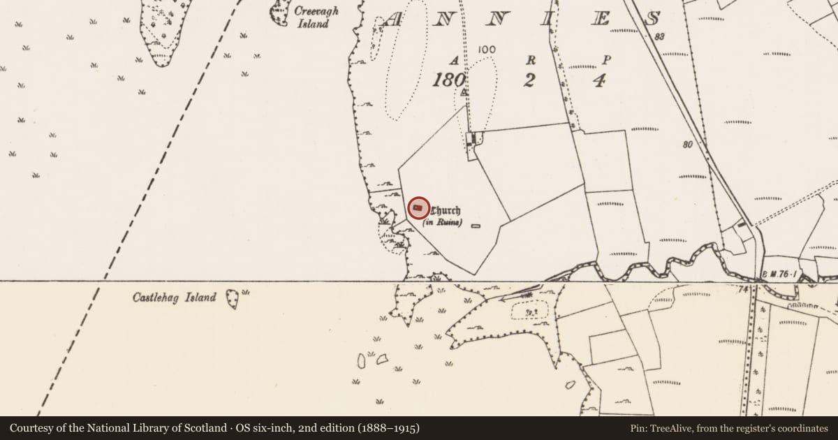 Ordnance Survey six-inch map, 2nd edition (1888–1915) covering the location of Church, Annies, County Mayo, with a pin at the register's coordinates