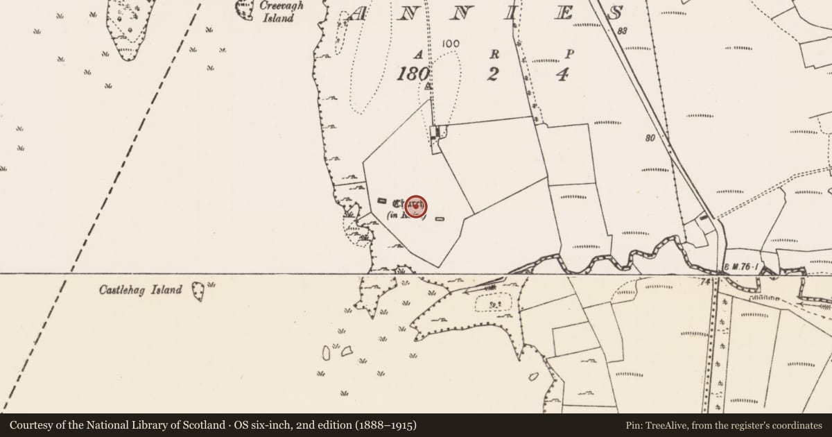 Ordnance Survey six-inch map, 2nd edition (1888–1915) covering the location of Field system, Annies, County Mayo, with a pin at the register's coordinates