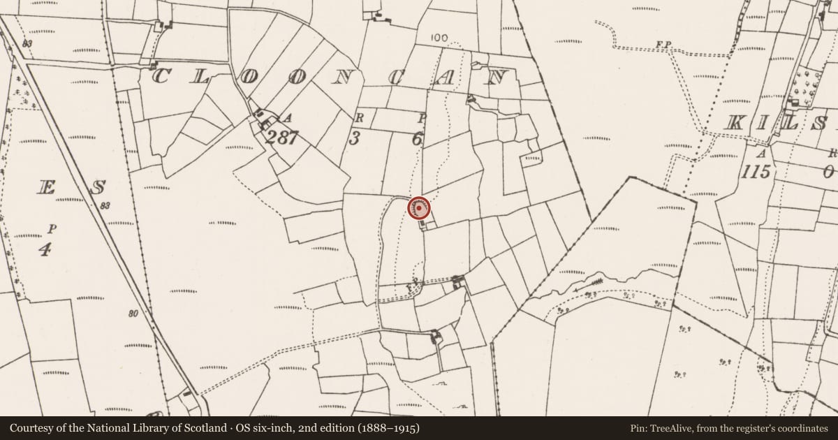 Ordnance Survey six-inch map, 2nd edition (1888–1915) covering the location of Enclosure, Clooncan, County Mayo, with a pin at the register's coordinates