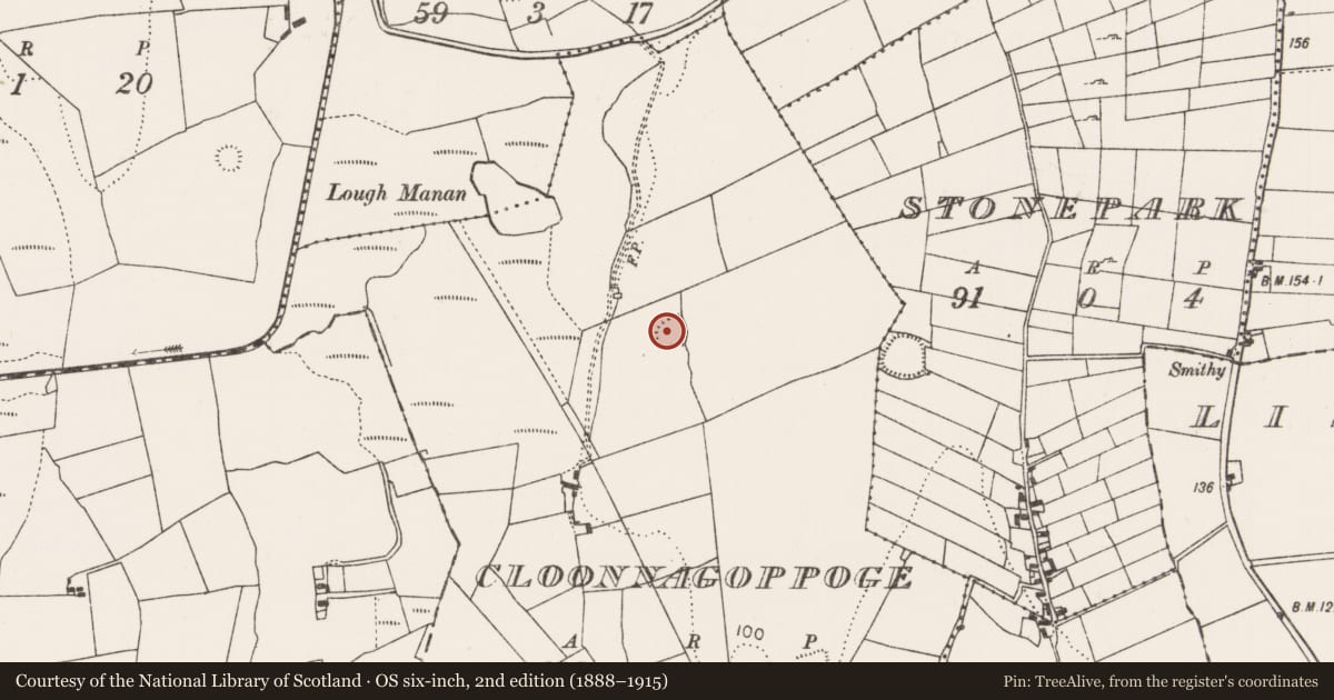 Ordnance Survey six-inch map, 2nd edition (1888–1915) covering the location of Souterrain, Cloonnagoppoge, County Mayo, with a pin at the register's coordinates