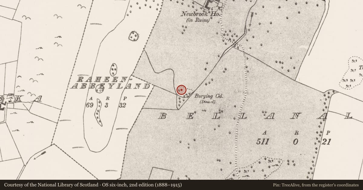 Ordnance Survey six-inch map, 2nd edition (1888–1915) covering the location of Children's burial ground, Bellanaloob, County Mayo, with a pin at the register's coordinates