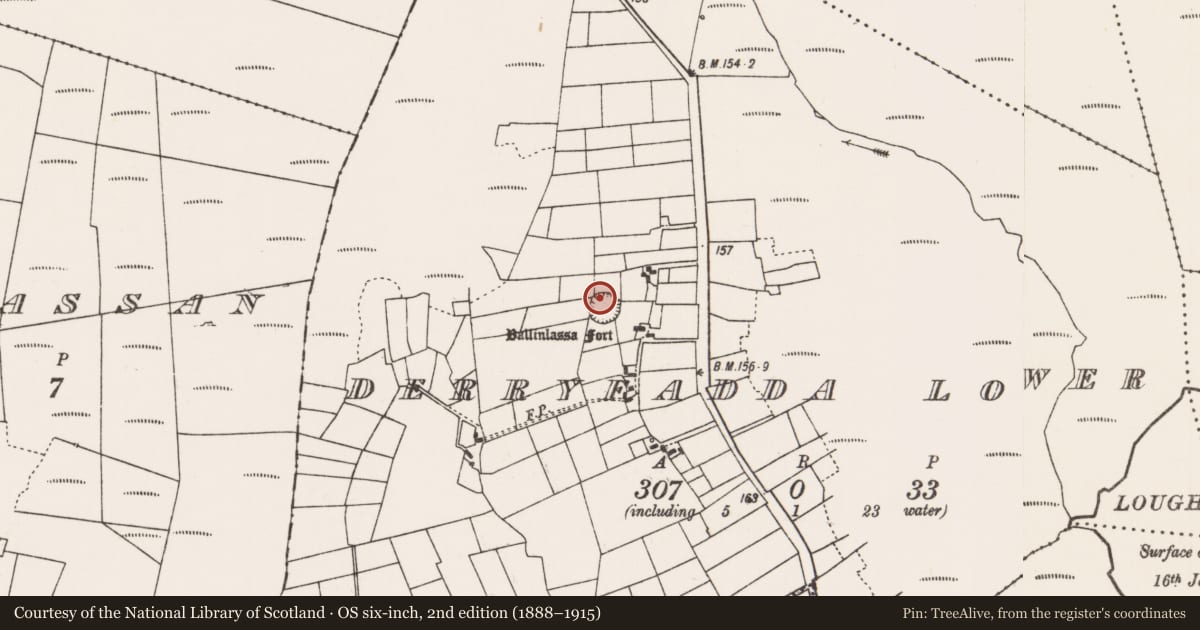 Ordnance Survey six-inch map, 2nd edition (1888–1915) covering the location of Ringfort - rath, Derryfadda Lower, County Mayo, with a pin at the register's coordinates