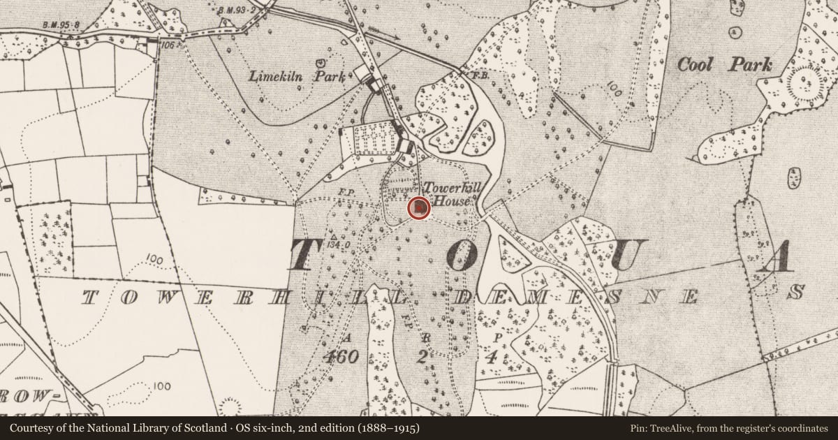 Ordnance Survey six-inch map, 2nd edition (1888–1915) covering the location of Burial ground, Towerhill Demesne, County Mayo, with a pin at the register's coordinates