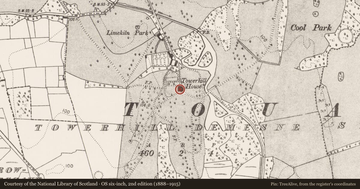 Ordnance Survey six-inch map, 2nd edition (1888–1915) covering the location of Church, Towerhill Demesne, County Mayo, with a pin at the register's coordinates
