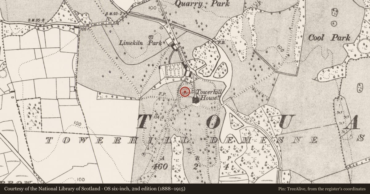 Ordnance Survey six-inch map, 2nd edition (1888–1915) covering the location of Earthwork, Towerhill Demesne, County Mayo, with a pin at the register's coordinates