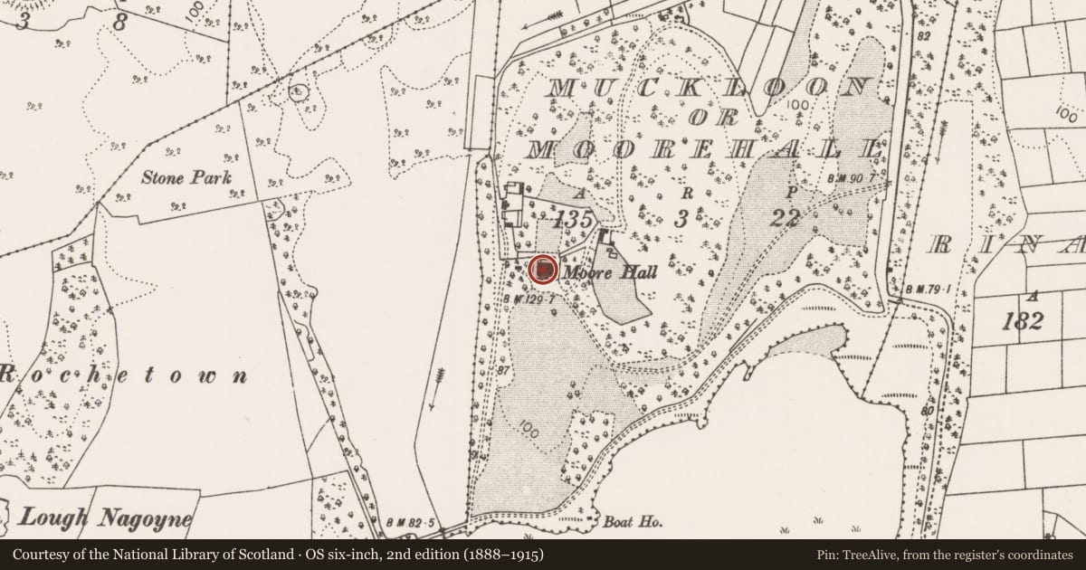 Ordnance Survey six-inch map, 2nd edition (1888–1915) covering the location of Country house, Muckloon Or Moorehall, County Mayo, with a pin at the register's coordinates