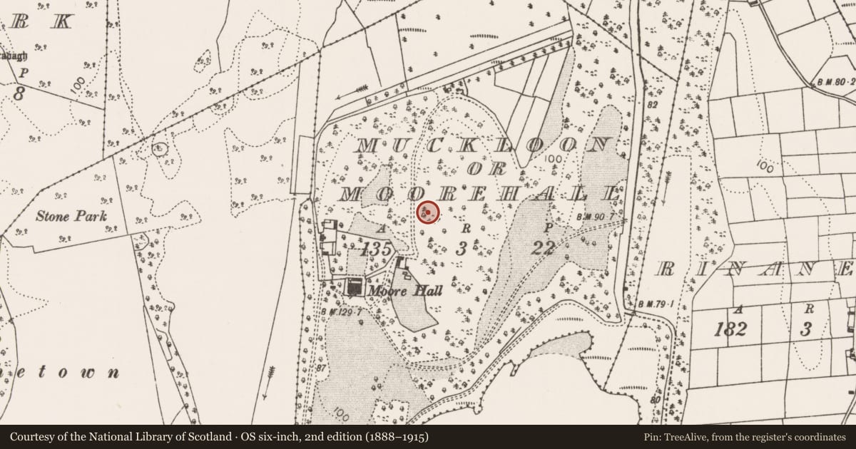 Ordnance Survey six-inch map, 2nd edition (1888–1915) covering the location of Enclosure, Muckloon Or Moorehall, County Mayo, with a pin at the register's coordinates