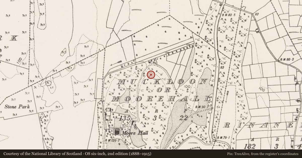 Ordnance Survey six-inch map, 2nd edition (1888–1915) covering the location of Enclosure, Muckloon Or Moorehall, County Mayo, with a pin at the register's coordinates