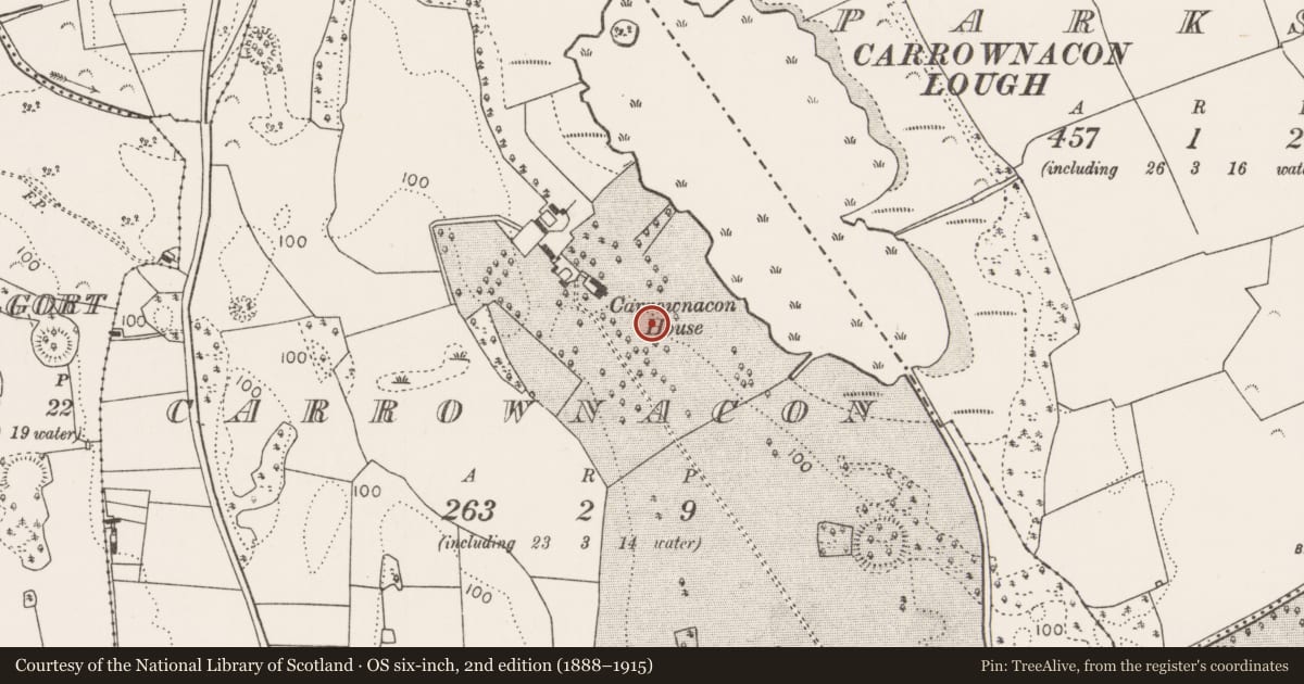 Ordnance Survey six-inch map, 2nd edition (1888–1915) covering the location of Ringfort - rath, Carrownacon, County Mayo, with a pin at the register's coordinates