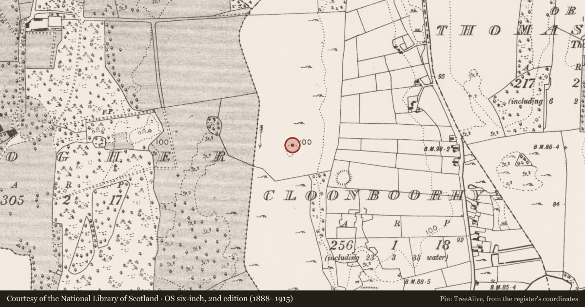 Ordnance Survey six-inch map, 2nd edition (1888–1915) covering the location of Enclosure, Cloonboorhy, County Mayo, with a pin at the register's coordinates