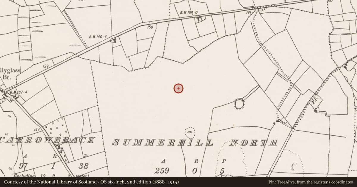 Ordnance Survey six-inch map, 2nd edition (1888–1915) covering the location of Enclosure, Summerhill North, County Mayo, with a pin at the register's coordinates